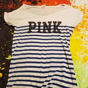 Womens Pink White with blue stripes and black writing Shirt